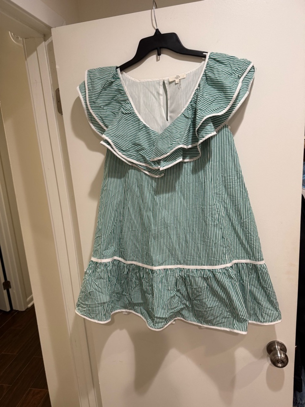 entro Green and White Striped Ruffle Mini Dress
